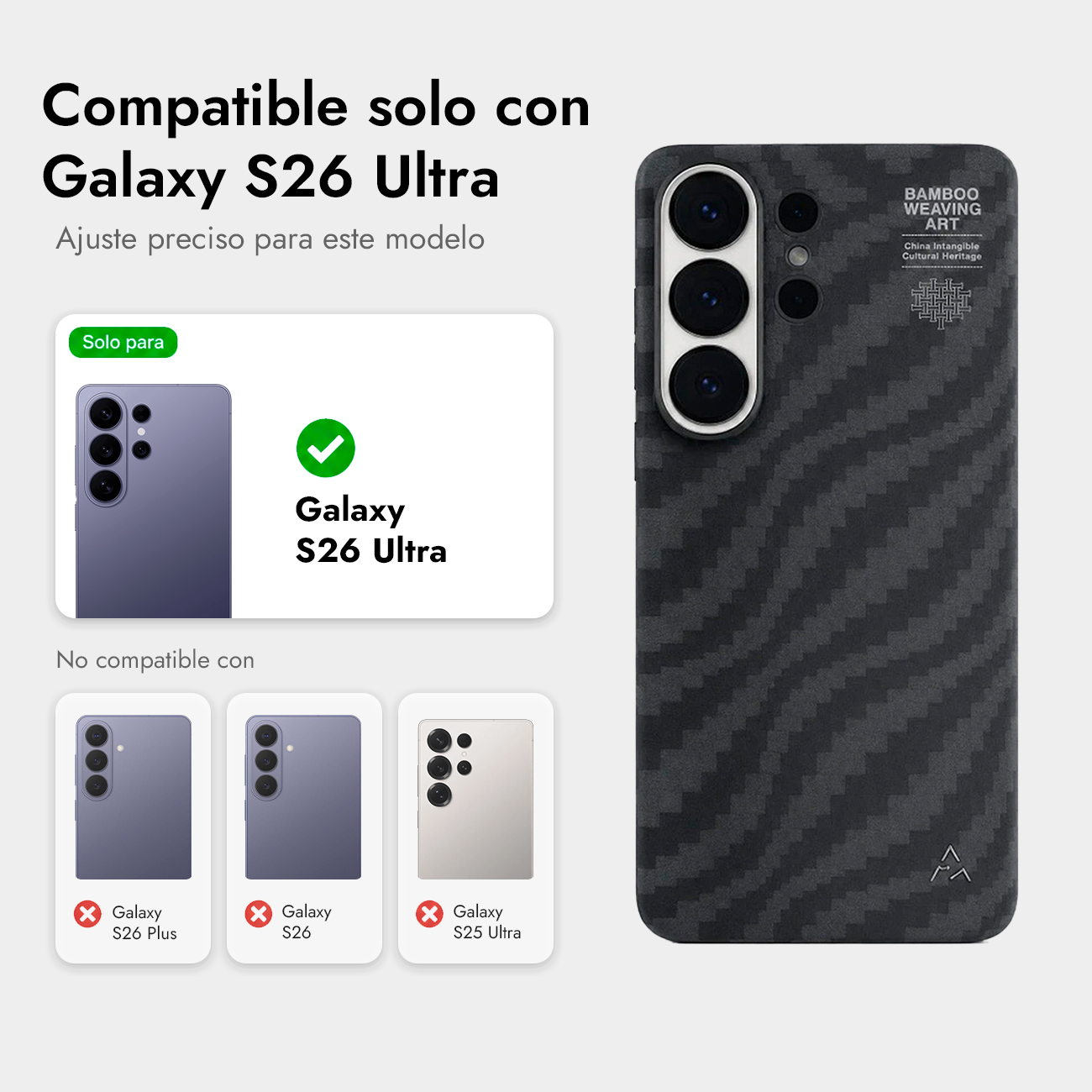 Funda compatible solo con Galaxy S26 Ultra. Muestra modelos no compatibles.