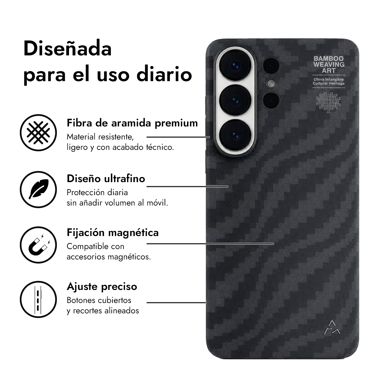 Una funda negra para teléfono con cámaras, detallando su material de aramida.