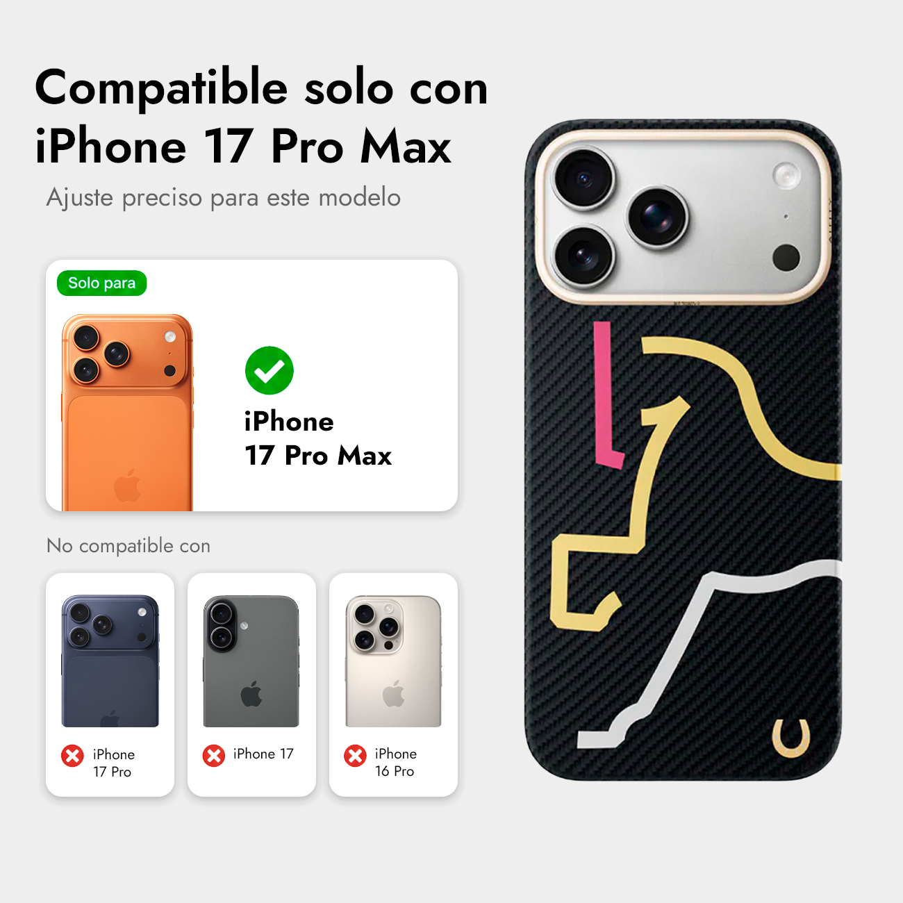 Una funda negra para iPhone con un patrón de caballo estilizado en amarillo, rosa y blanco.