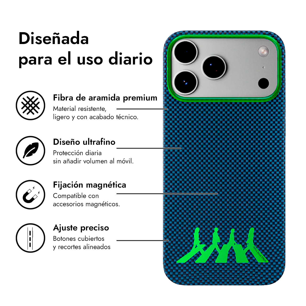 Funda azul para teléfono con motivo de Abbey Road, cámara y detalles.
