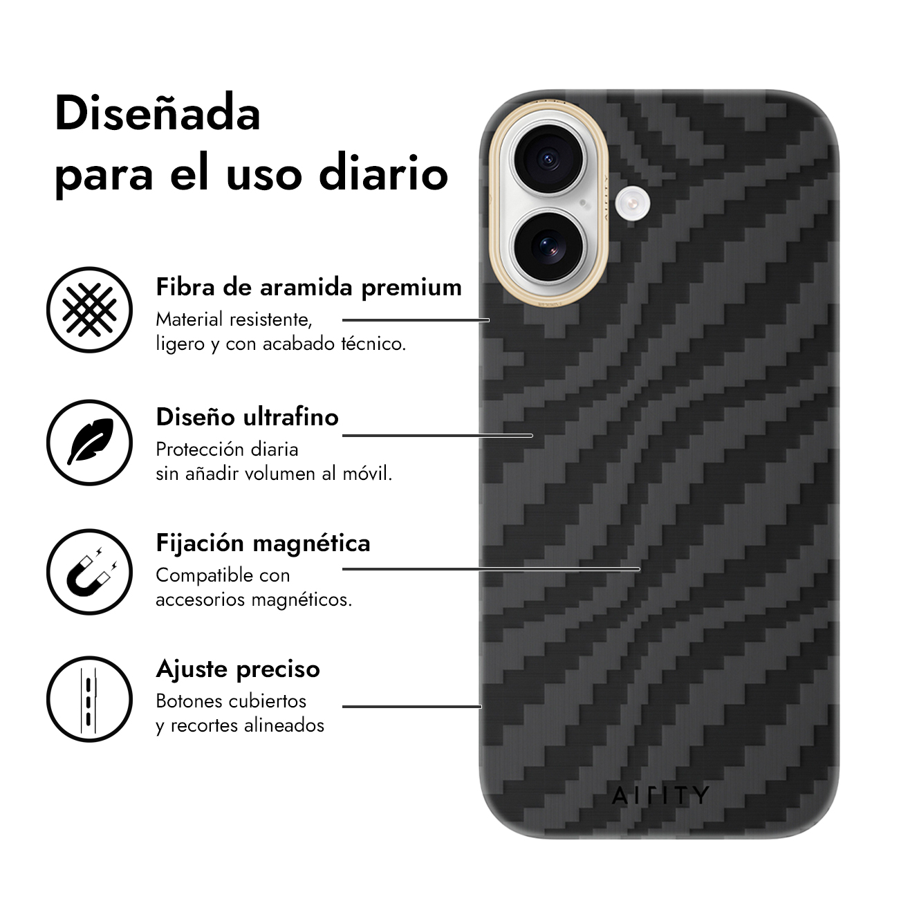 Funda negra para teléfono con patrón de fibra de carbono y texto.