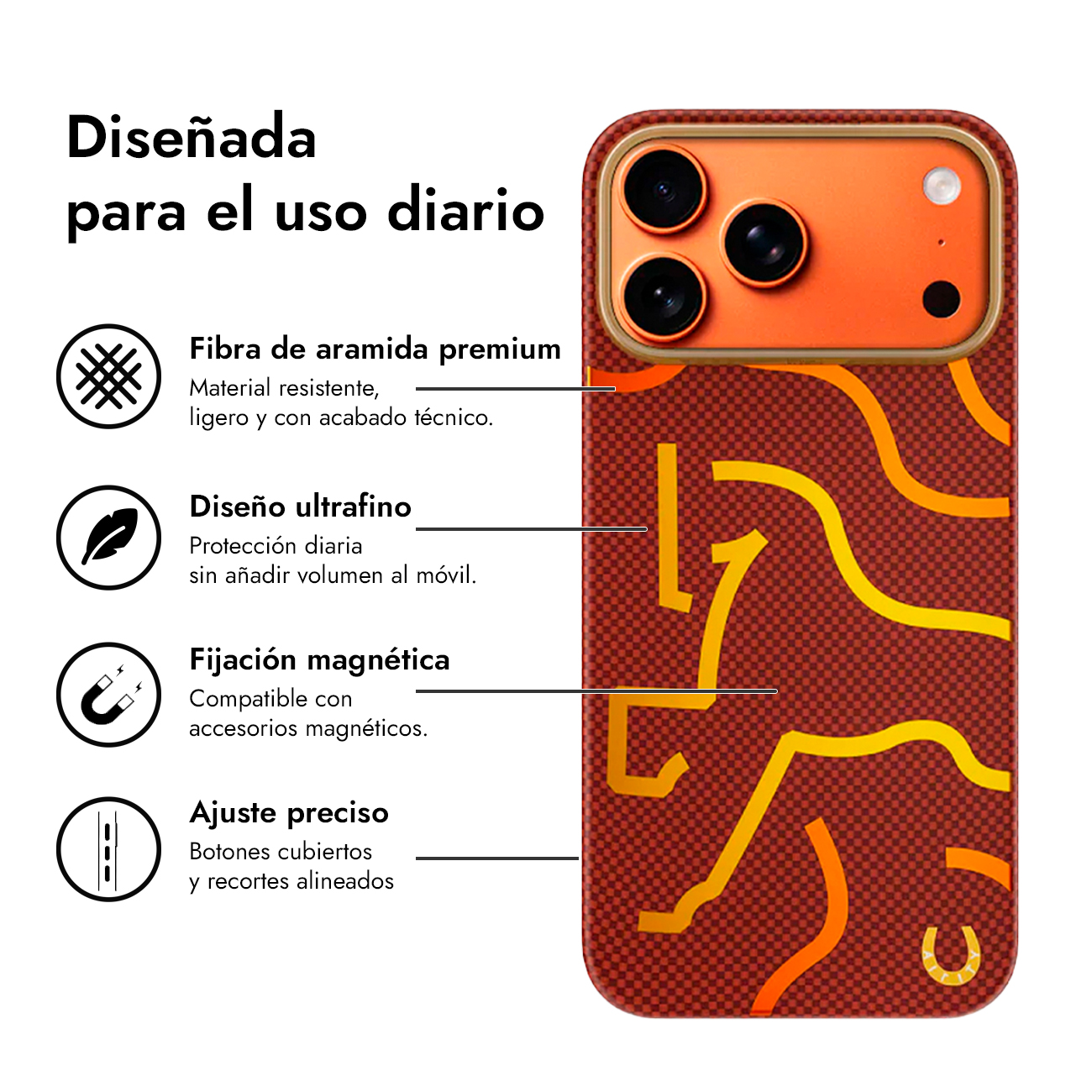 Funda naranja para teléfono con patrón a cuadros y siluetas de caballo. Recortes de cámara arriba.