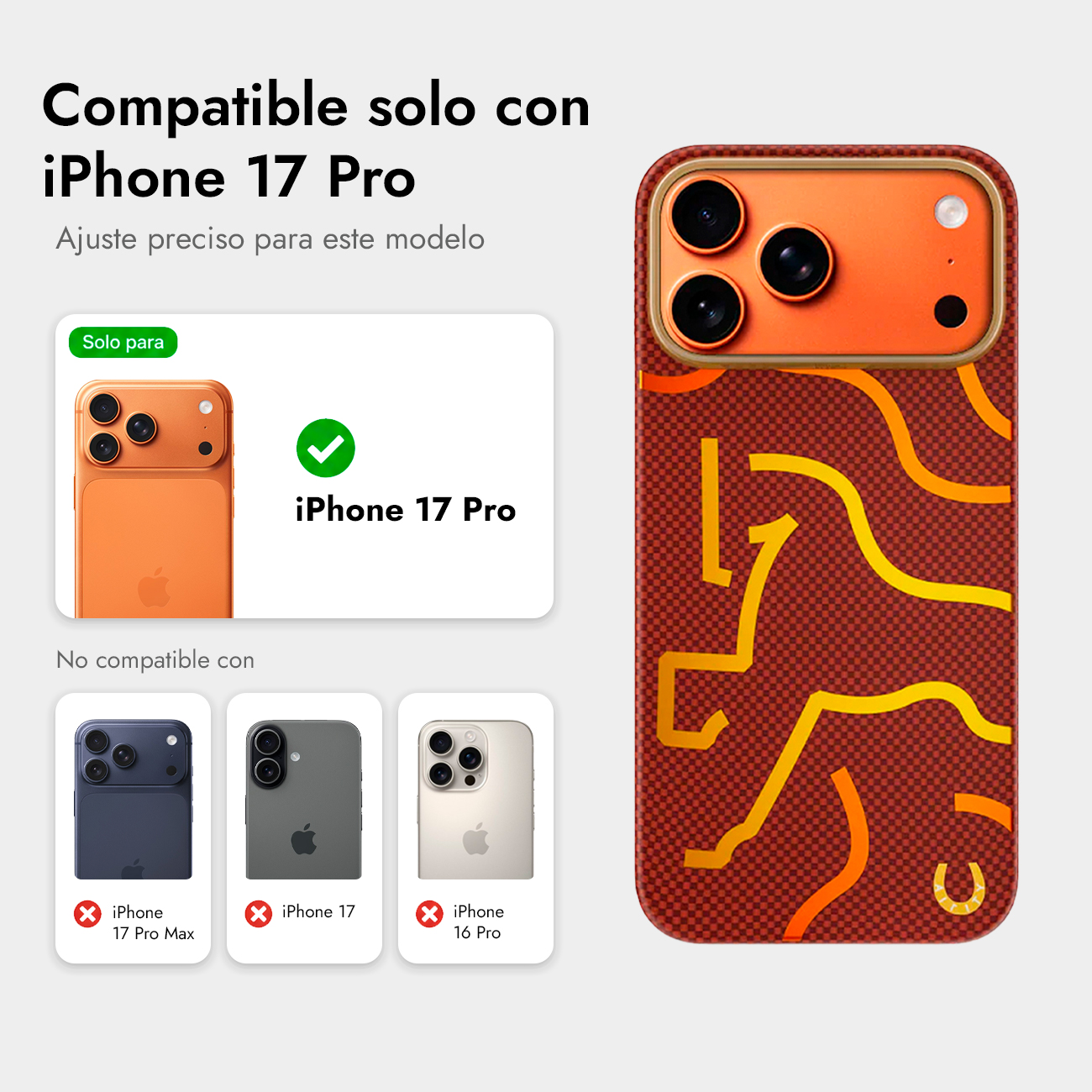Funda compatible con iPhone 17 Pro. Muestra un teléfono y funda naranjas.