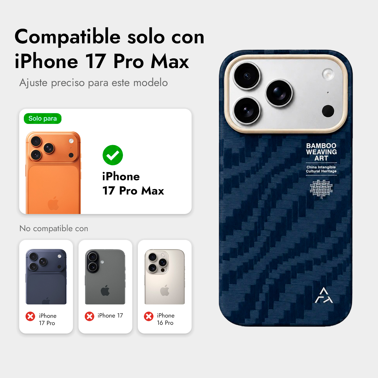 Una funda para iPhone 17 Pro Max con patrón tejido azul y texto sobre arte de bambú.