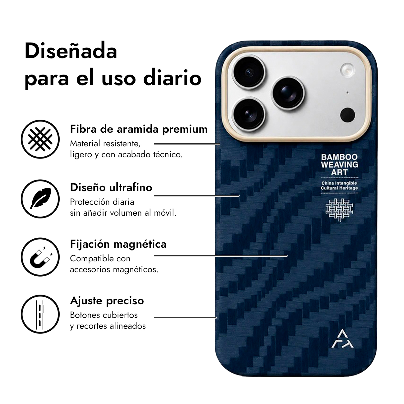 Funda de teléfono con módulo de cámara y texto que destaca uso diario, fibra de aramida, diseño delgado.