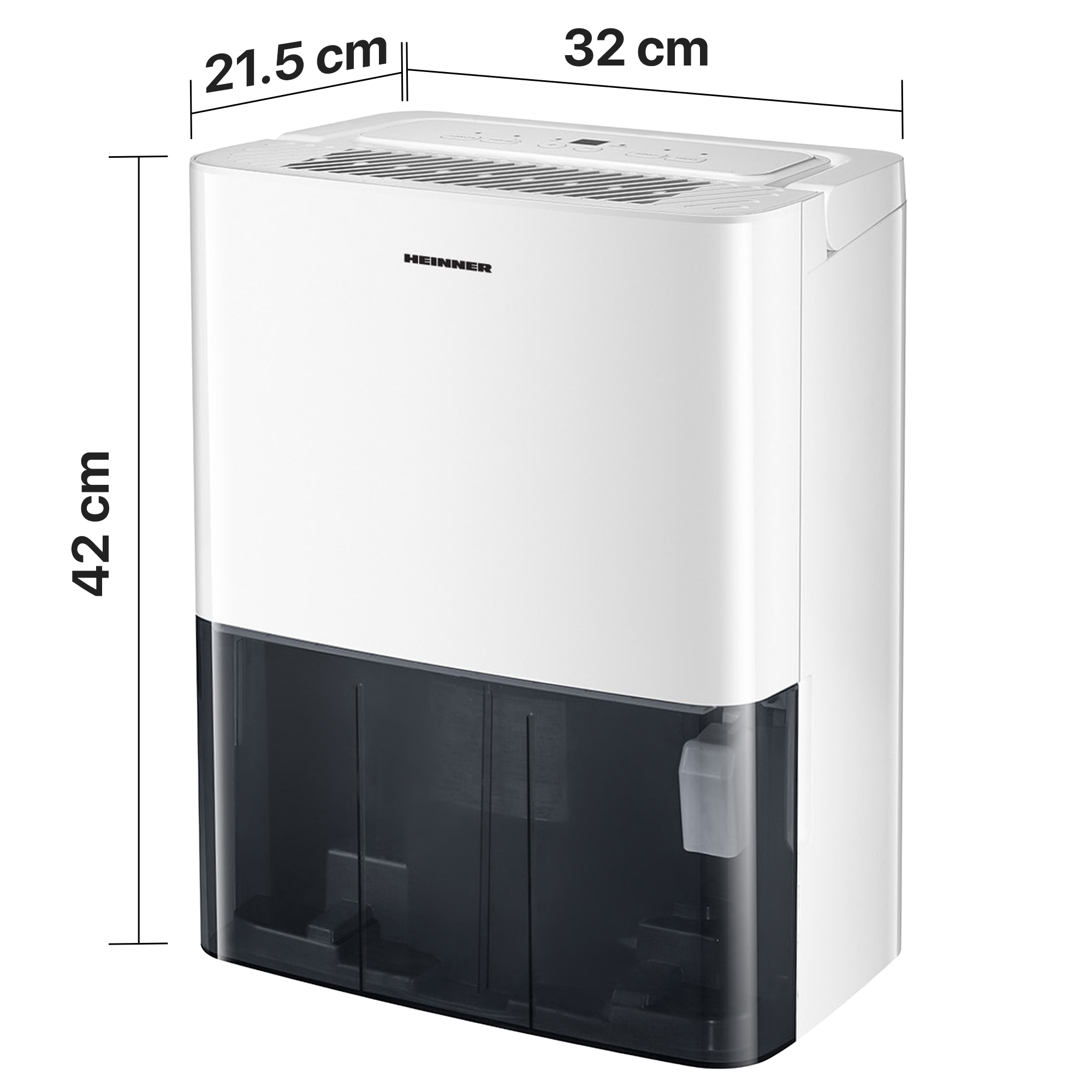 Een witte HEINNER luchtontvochtiger met donkere watertank, 21,5 x 32 x 42 cm.