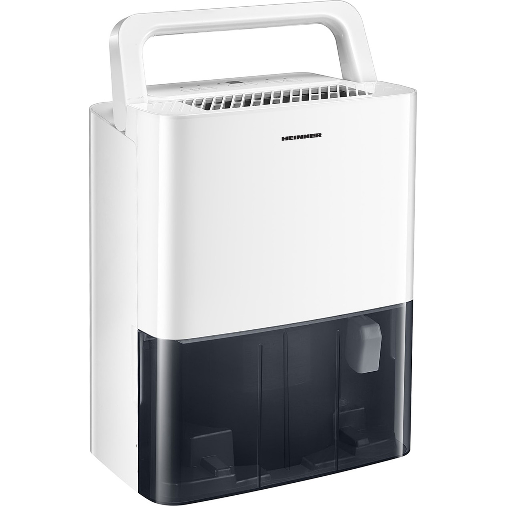 Een witte HEINNER luchtontvochtiger met een donkere watertank en handvat.