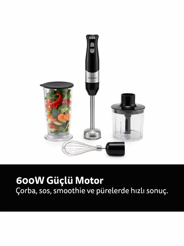 Aksesuarli el blenderi: sebzeli sürahi, blender, doğrayıcı ve çırpıcı.