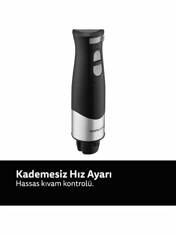 Gümüş detaylı ve kontrol düğmeli siyah el blenderı.
