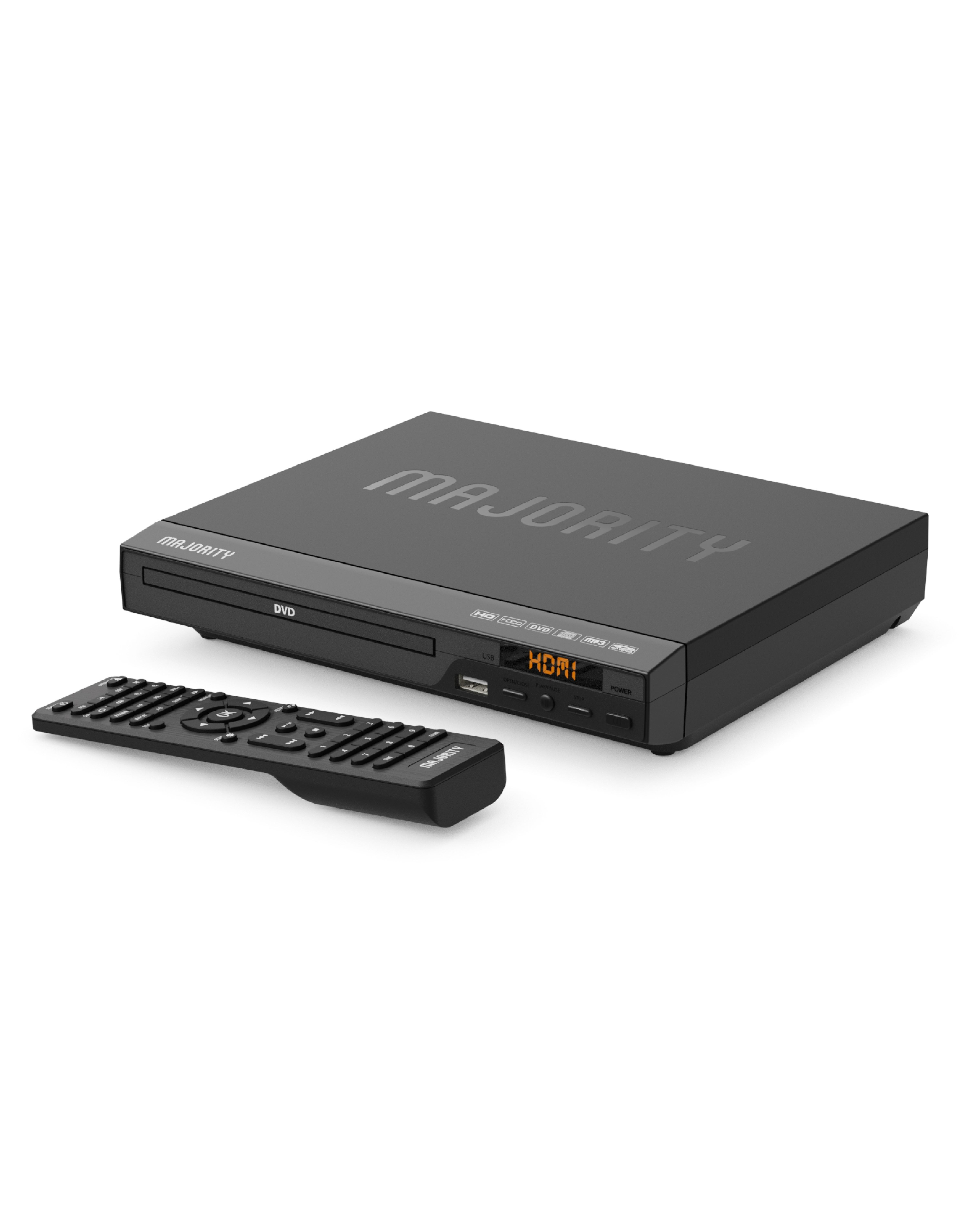 Black DVD player with remote control on a white background.
