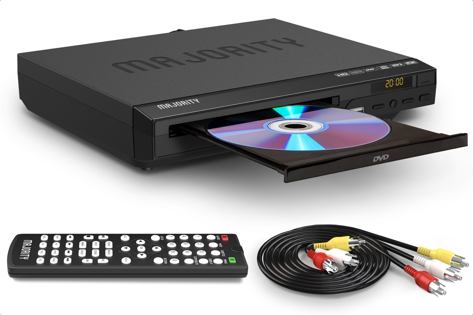 Black DVD player with disc inserted, remote control, and cables.