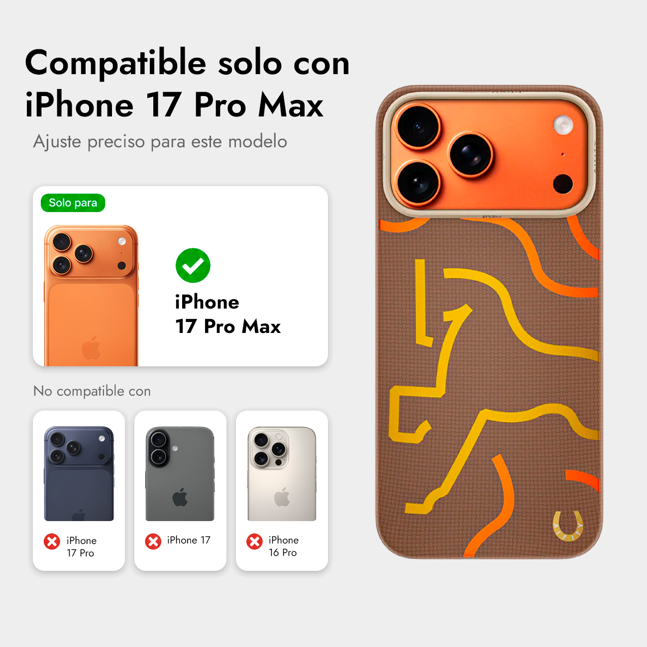 Funda de teléfono marrón con patrón de caballo naranja-amarillo, compatible con iPhone 17 Pro Max.