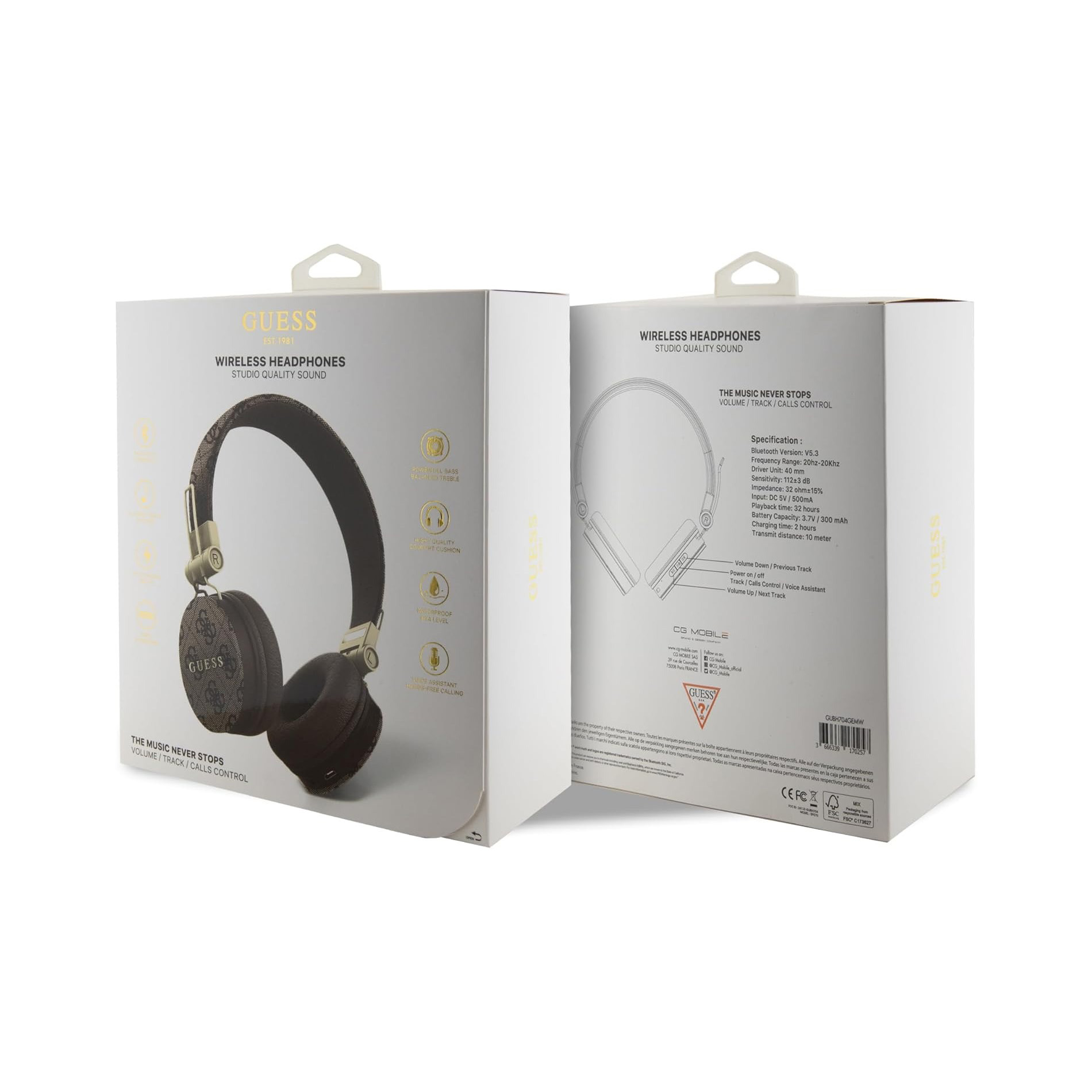 Embalaje para auriculares inalámbricos GUESS con estampado marrón y especificaciones.