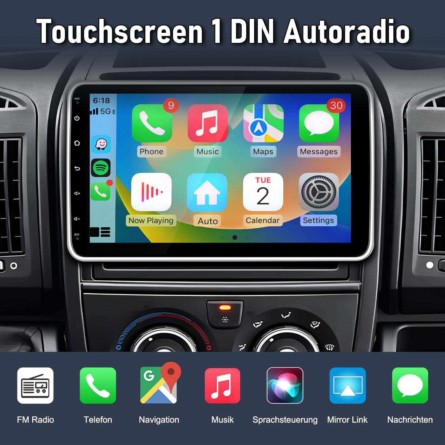Ein Autoradio-Touchscreen mit App-Symbolen wie Telefon, Musik, Karten und Kalender.