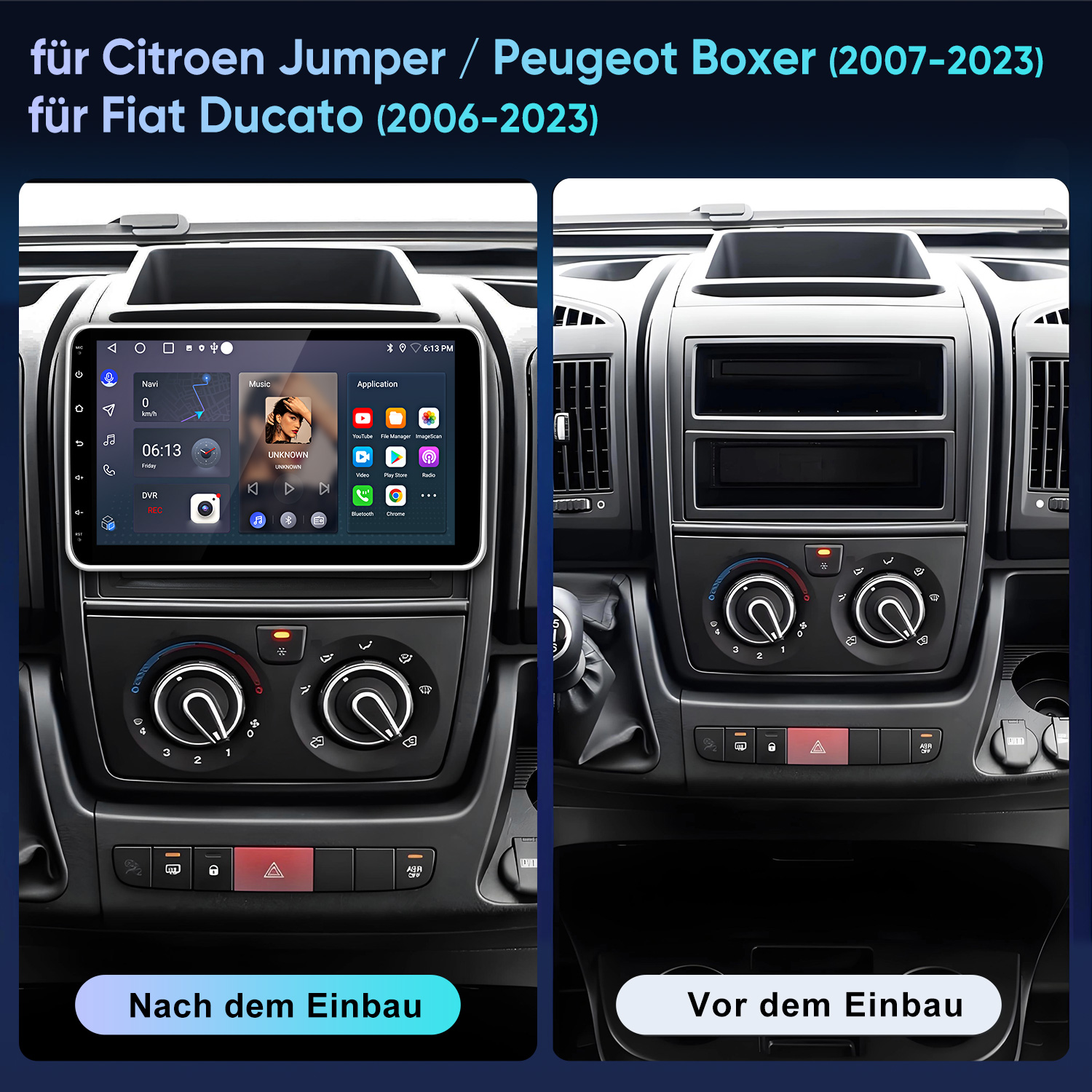 Vorher/Nachher-Vergleich eines Autoradios im Armaturenbrett eines Fahrzeugs.