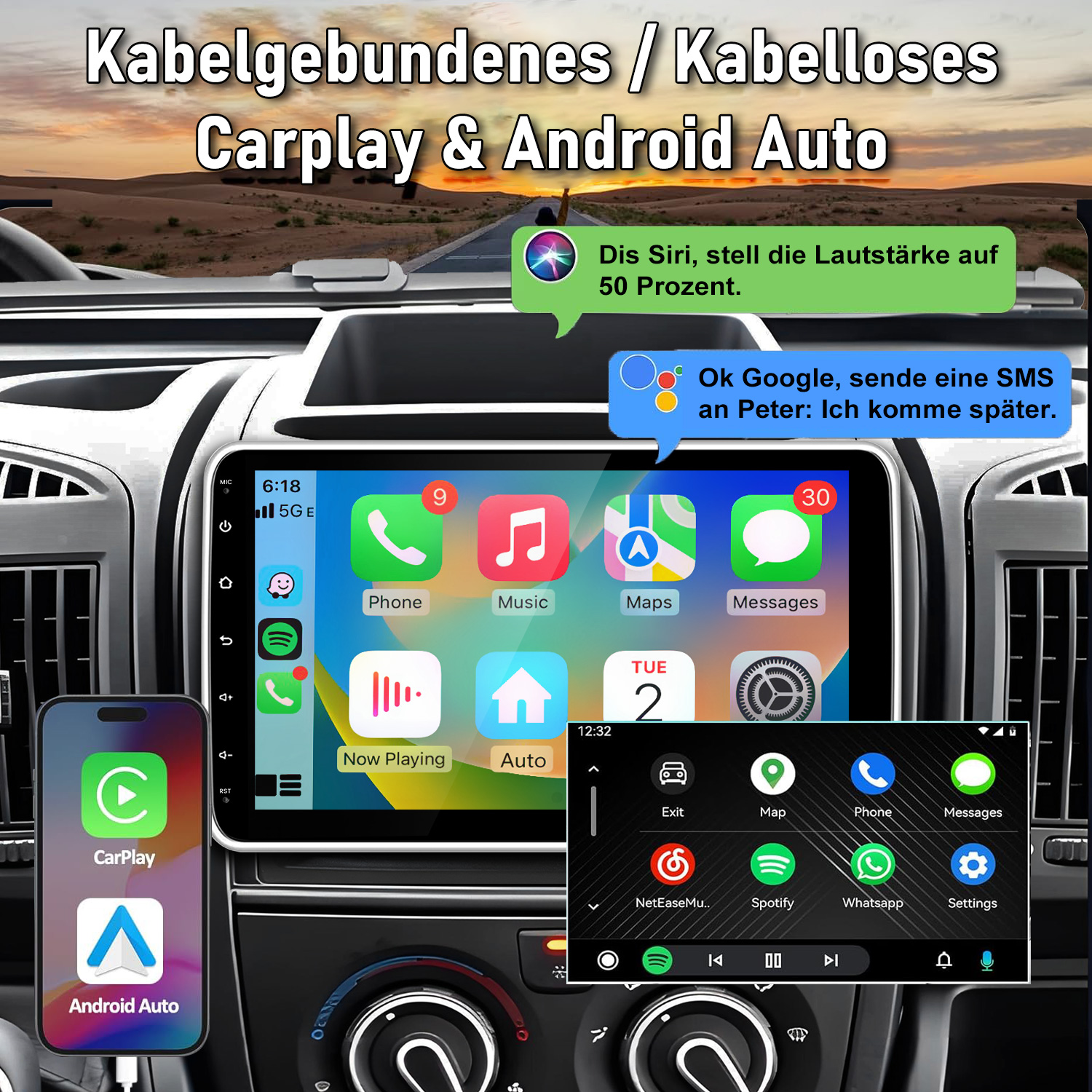 Ein Auto-Infotainmentsystem mit CarPlay und Android Auto, das Sprachbefehle anzeigt.