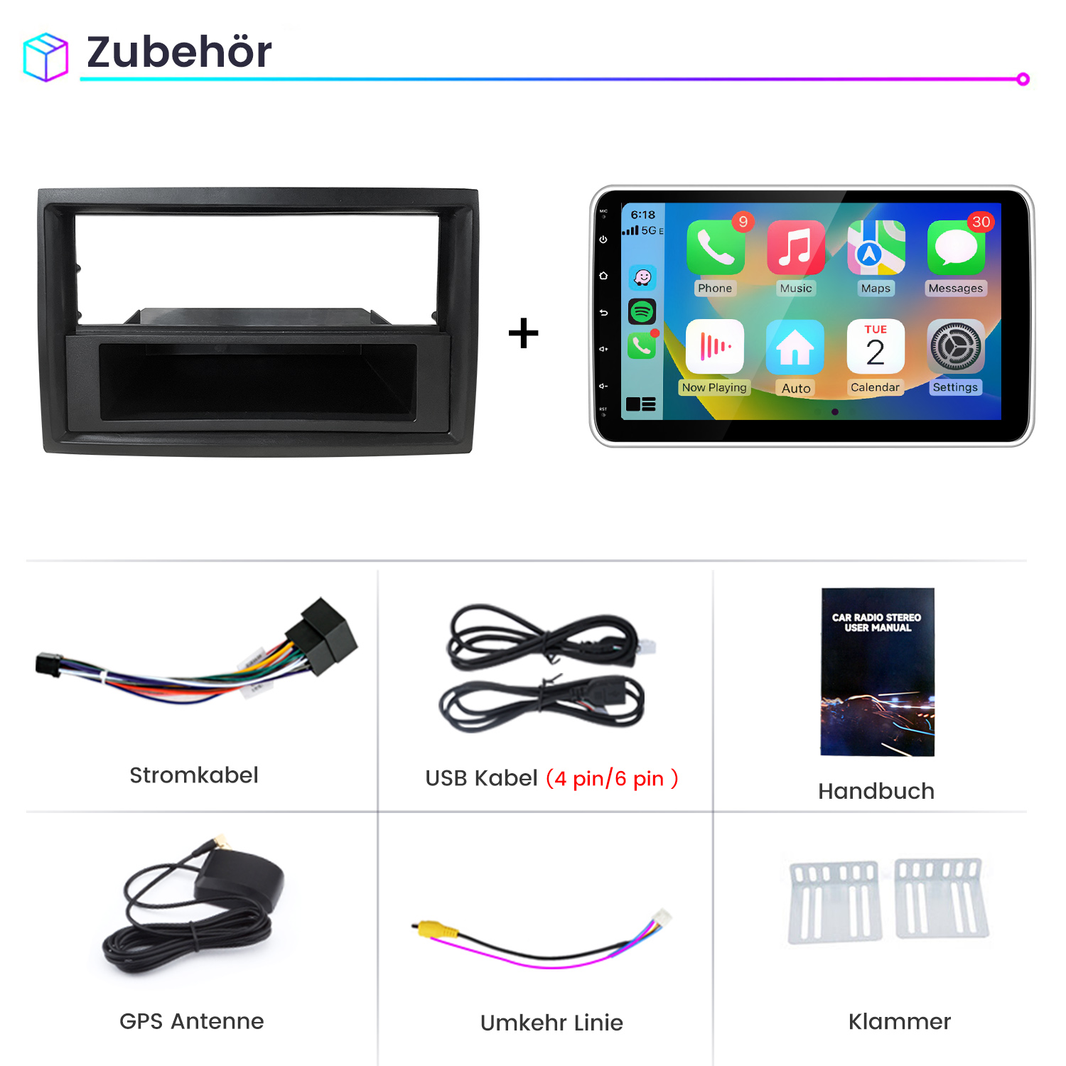 Zubehör: Einbaurahmen, Autoradio mit Apps, Kabel, Handbuch und Halterungen.