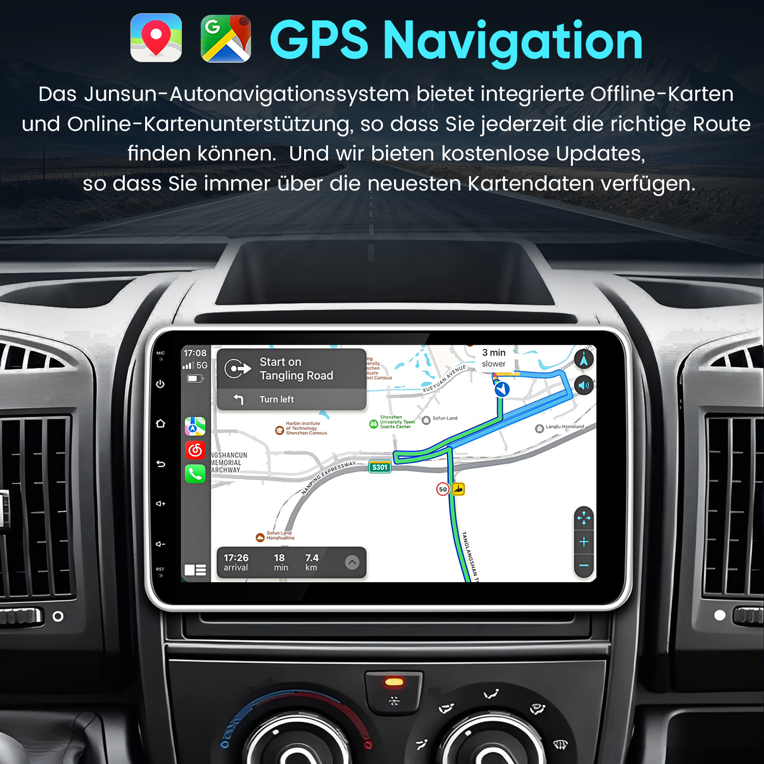 GPS-Navigationssystem mit Karte zeigt Route auf dem Autoradio-Bildschirm an.