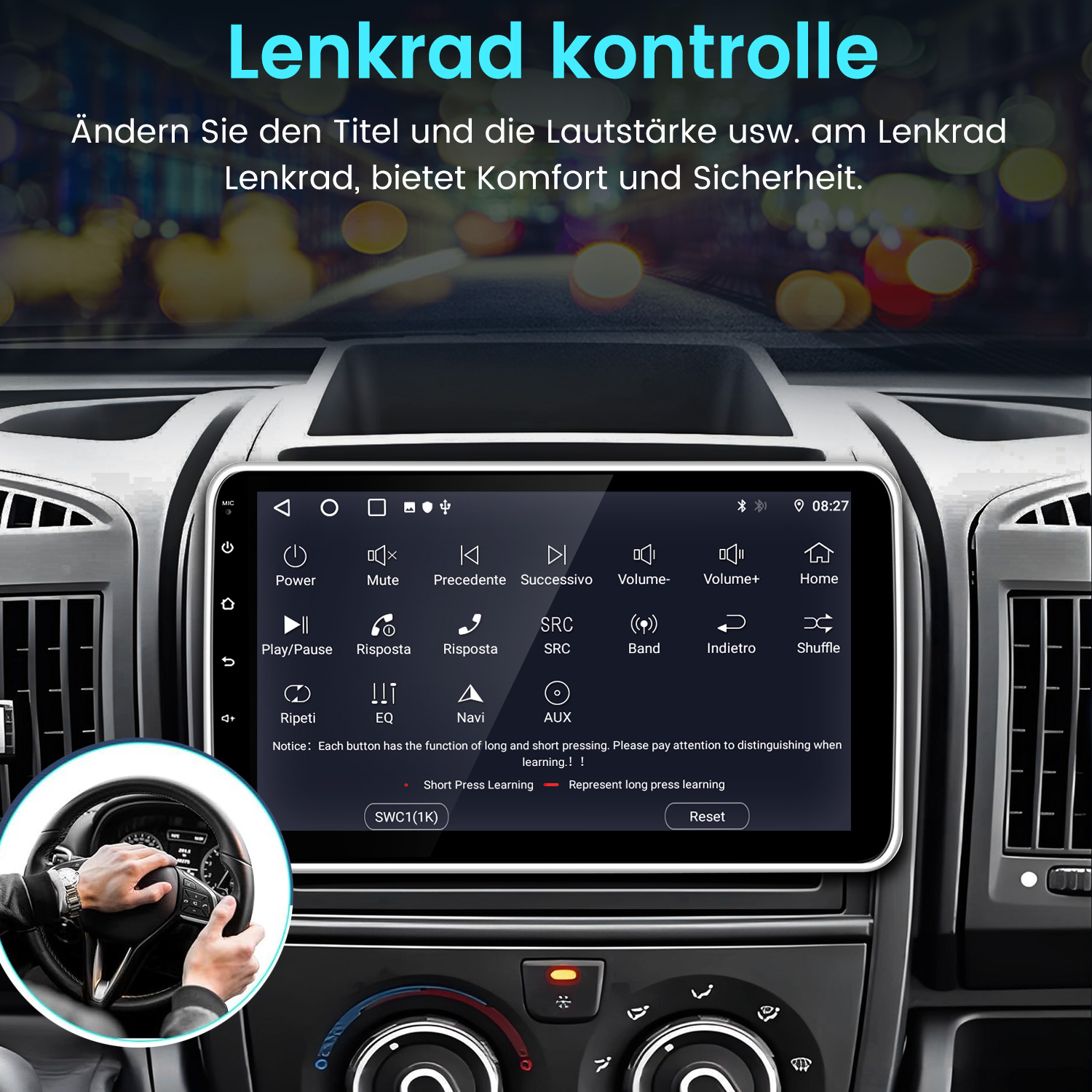 Auto-Infotainmentsystem mit Lenkradsteuerung und Menüoptionen.