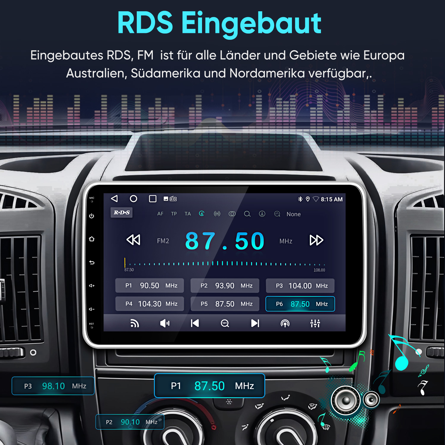 Digitales Autoradio mit RDS, zeigt FM 87.50 MHz an.