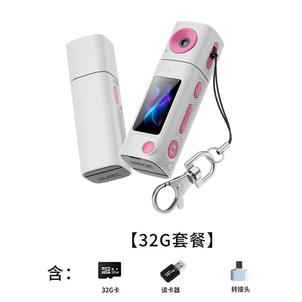 Weiße tragbare Kamera mit rosa Akzenten und Bildschirm, mit Zubehör: 32G-Karte, Leser, Adapter.