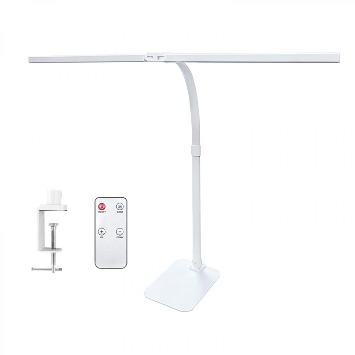 Eine weiße Tischlampe mit Fernbedienung und Klemme.
