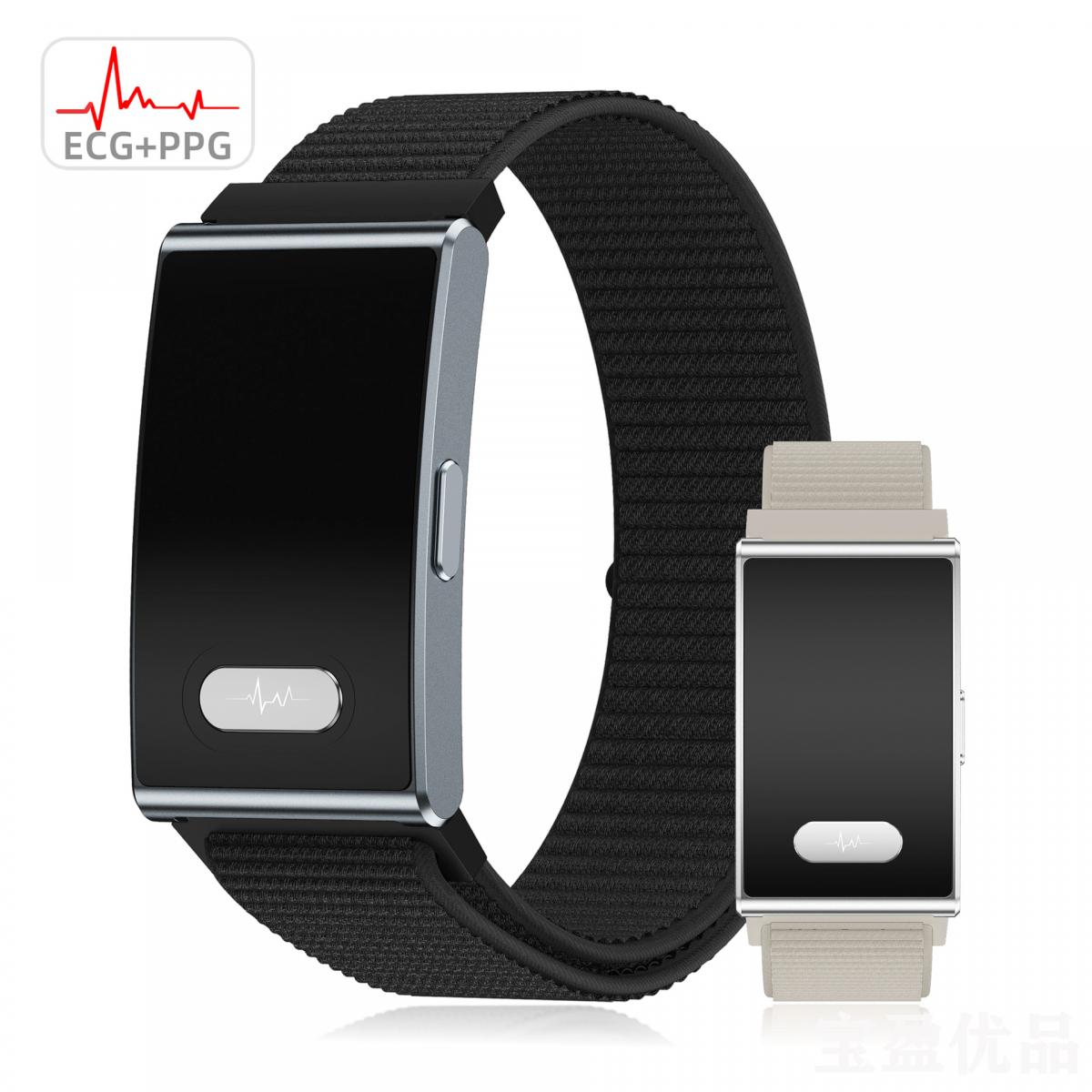 Ein schwarzes Smartwatch-Armband mit einem silbernen und schwarzen Gerät. Ein weiteres kleines Gerät daneben.