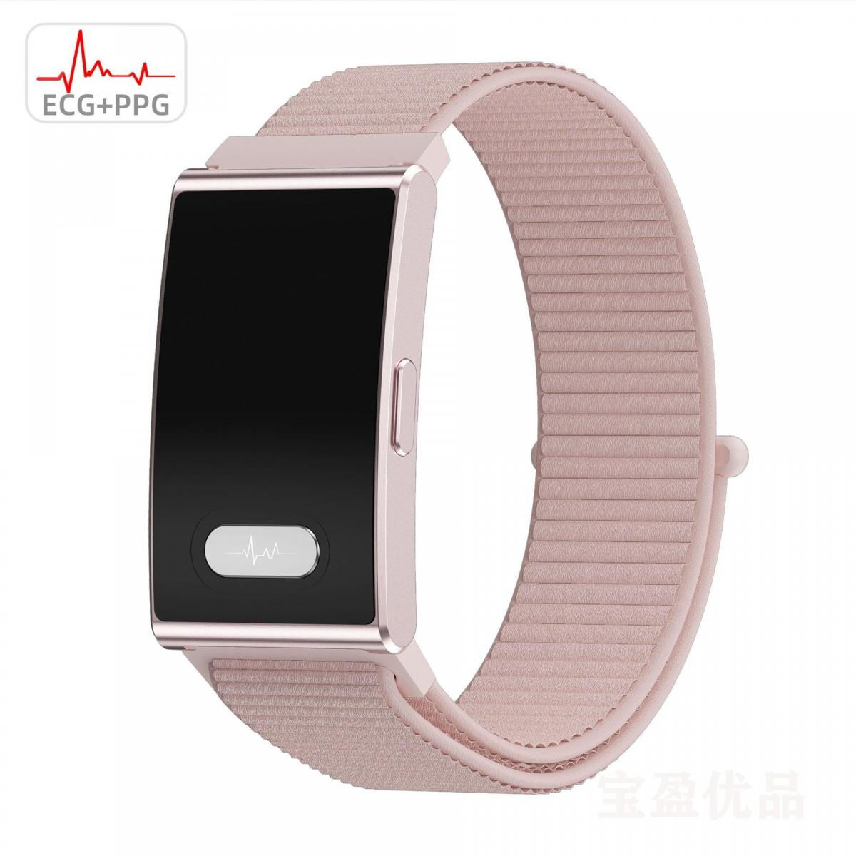 Ein rosafarbener Fitness-Tracker mit ECG+PPG-Logo und einem Stoffarmband.