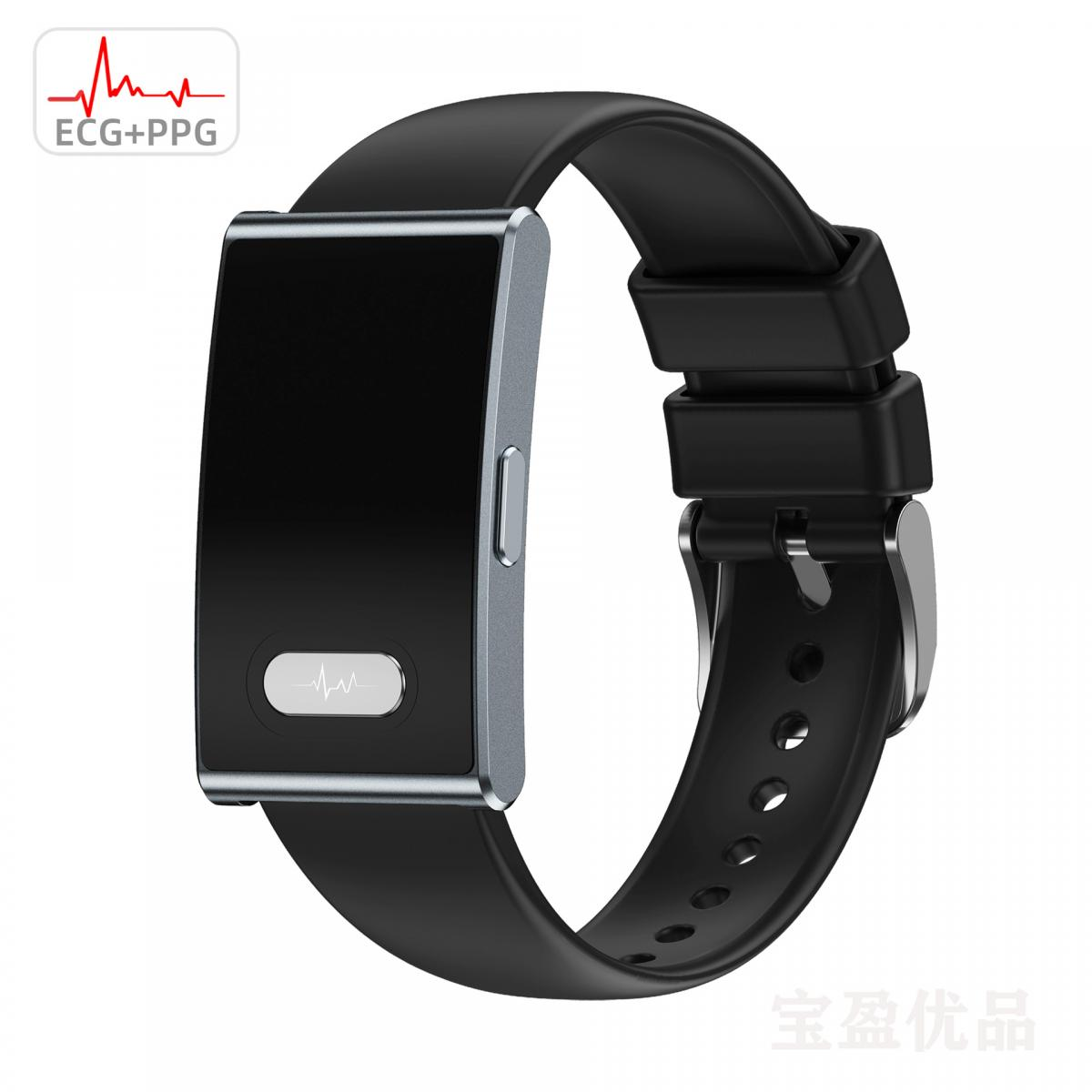Schwarzes Smartwatch-Armband mit silbernem Gehäuse und EKG+PPG-Logo.