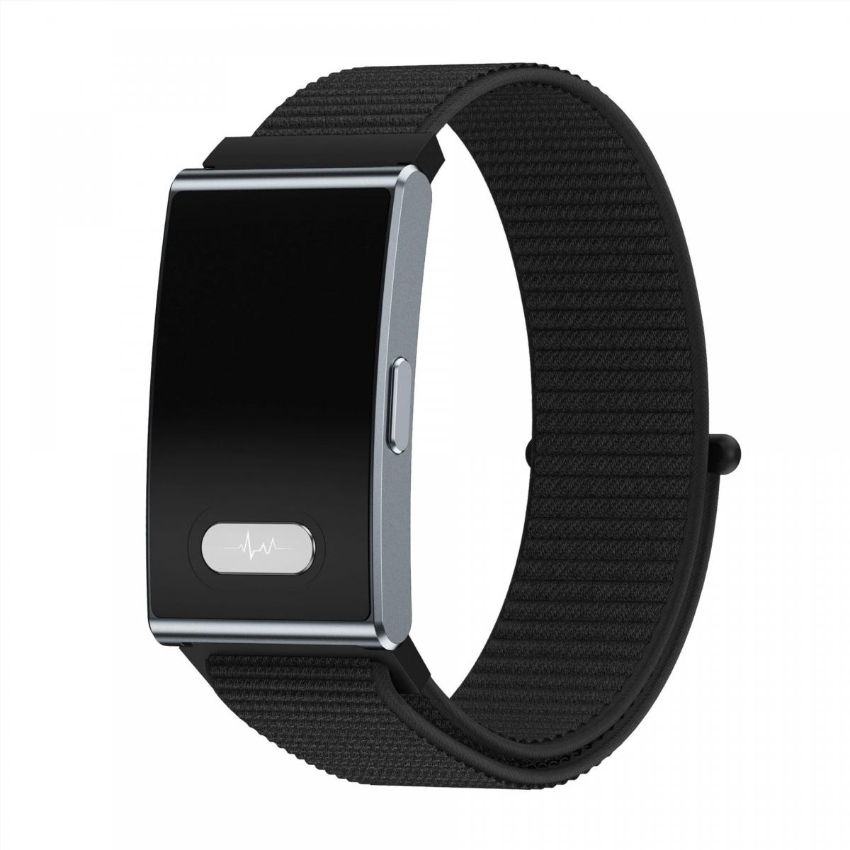 Schwarzes Fitnessarmband mit silbernem Gehäuse und EKG-Symbol.