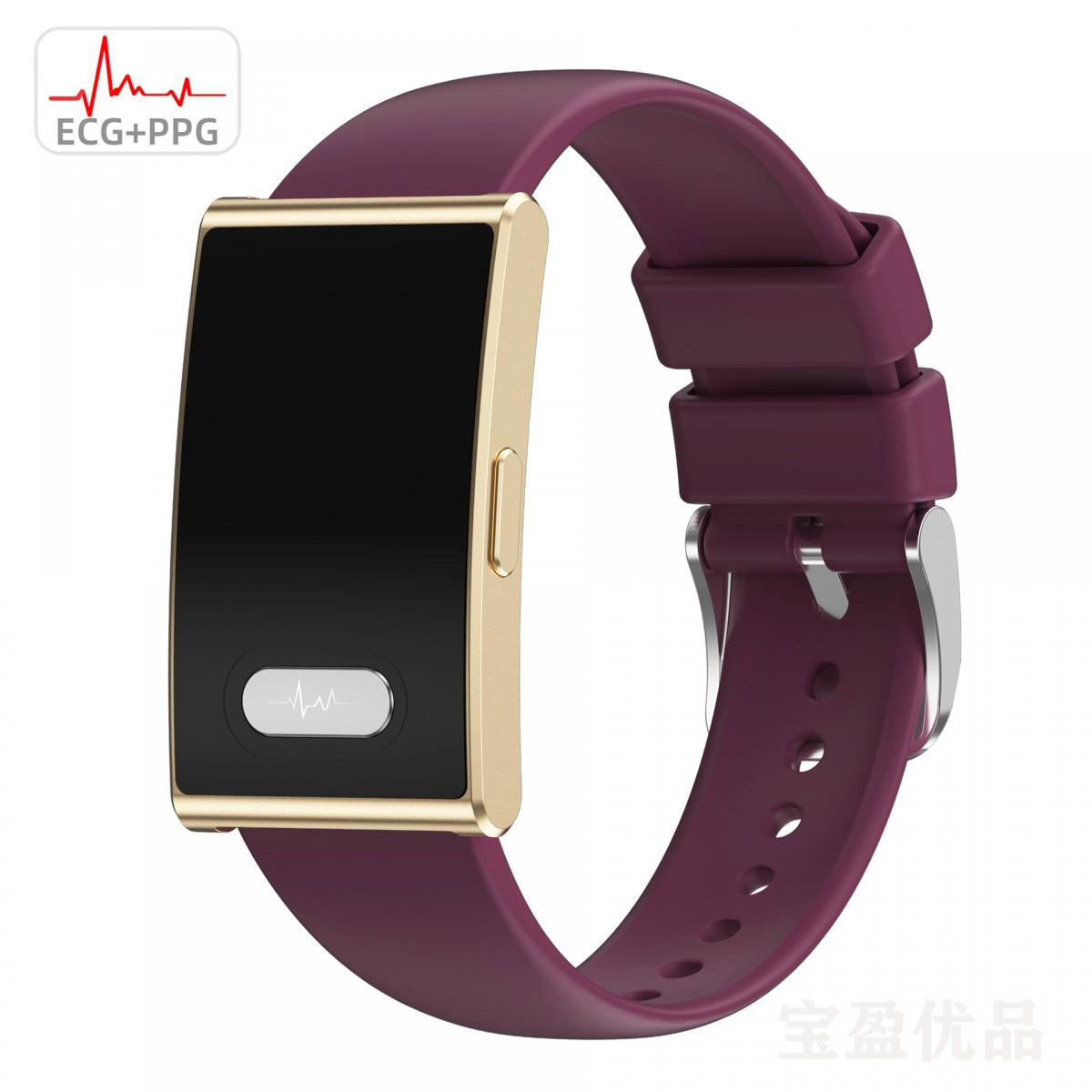 Goldfarbene Smartwatch mit lila Armband und EKG+PPG-Symbol.