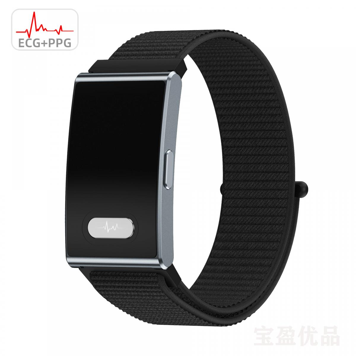 Schwarzes Smartwatch-Armband mit silbernem Gehäuse und ECG+PPG-Symbol.