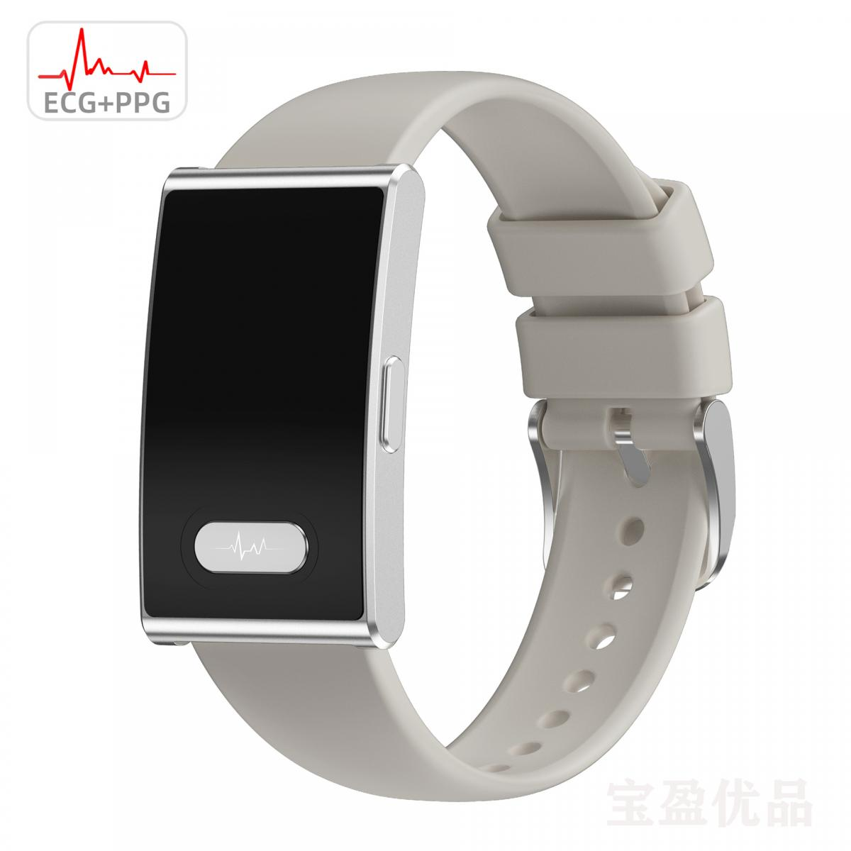 Graues Smartwatch-Armband mit silbernem Gehäuse und schwarzem Bildschirm.