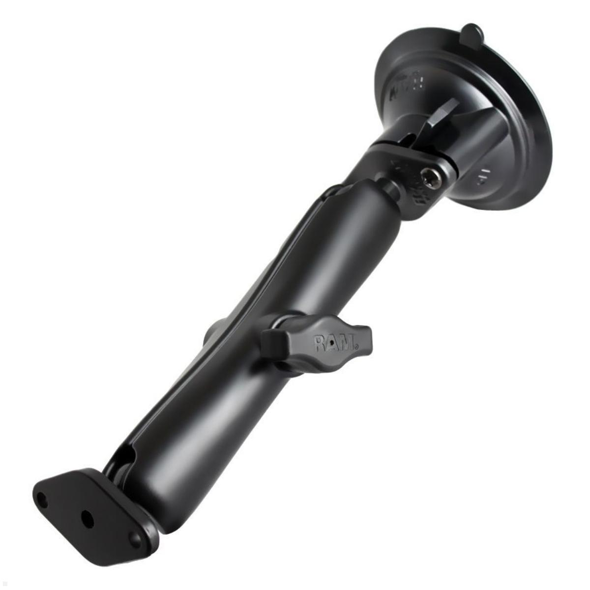 Schwarze RAM-Halterung mit Saugnapf und Basis mit zwei Löchern. Verstellbarer Arm.