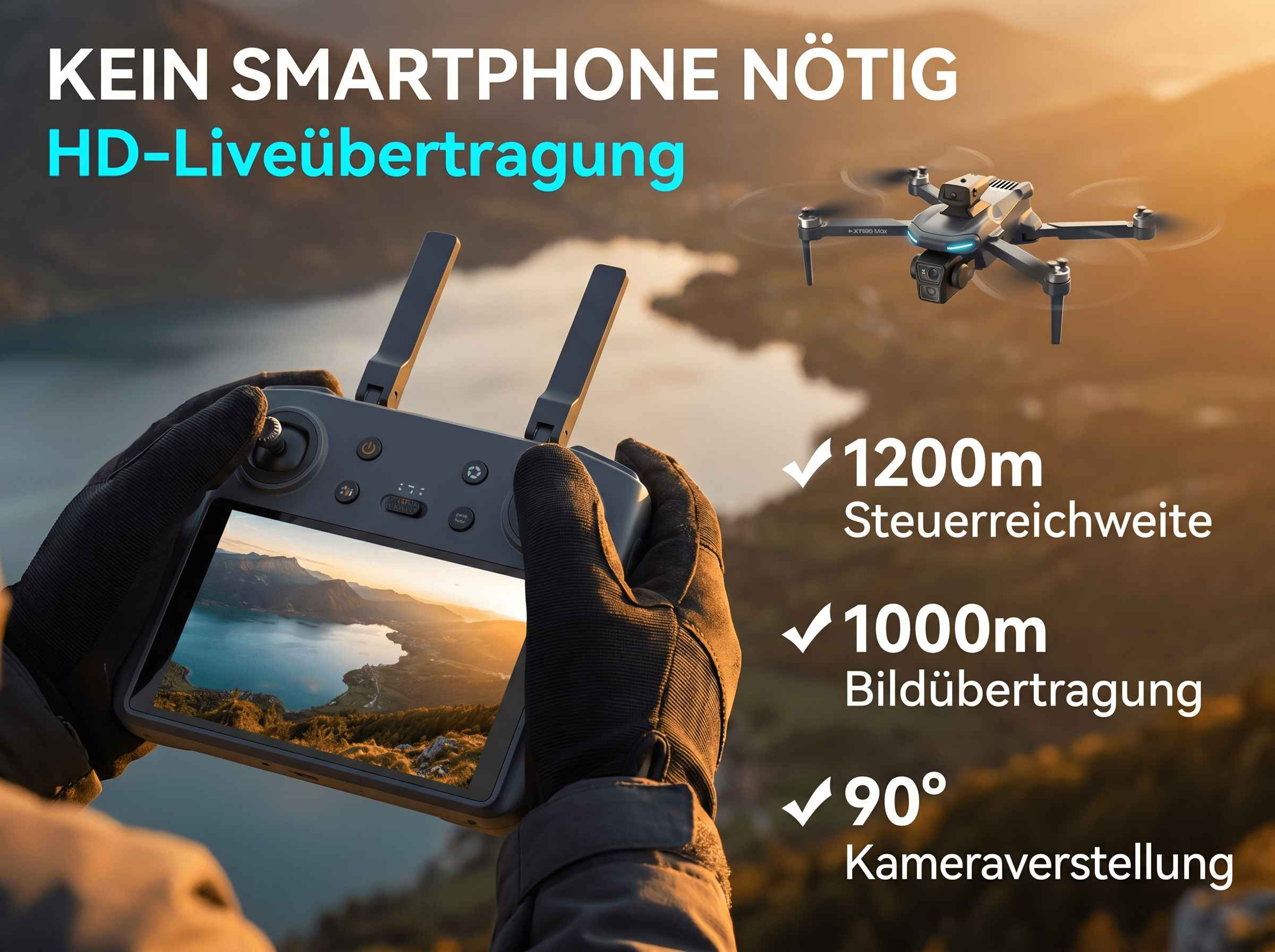 Drohne fliegt über Landschaft, gesteuert mit Fernbedienung. Text über Reichweite.