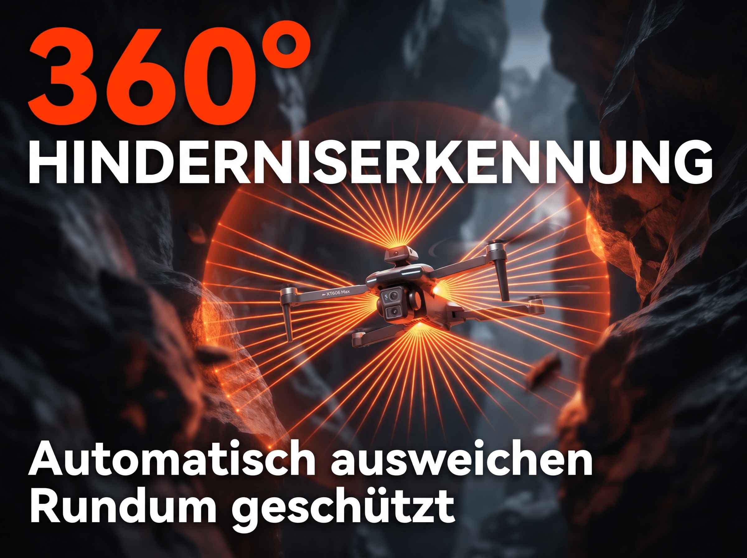 Drohne mit Hinderniserkennung, umgeben von orangefarbenen Strahlen, fliegt in felsiger Umgebung.