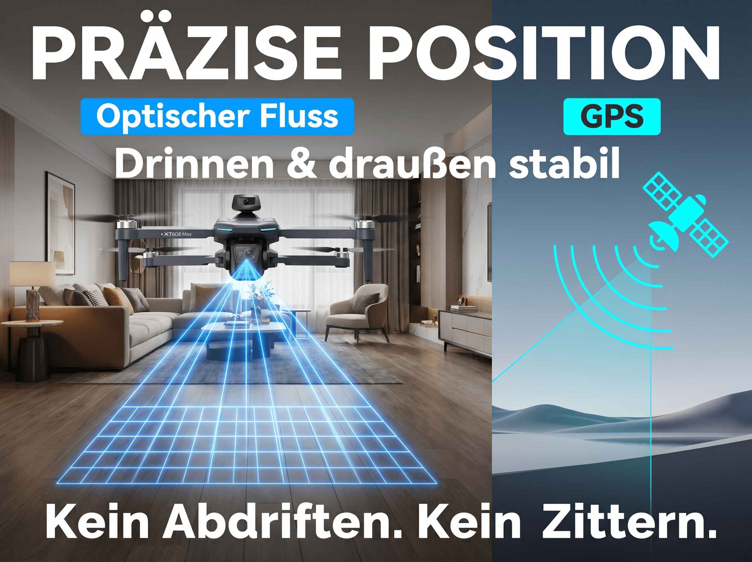 Drohne mit optischem Fluss und GPS, stabil drinnen und draußen.