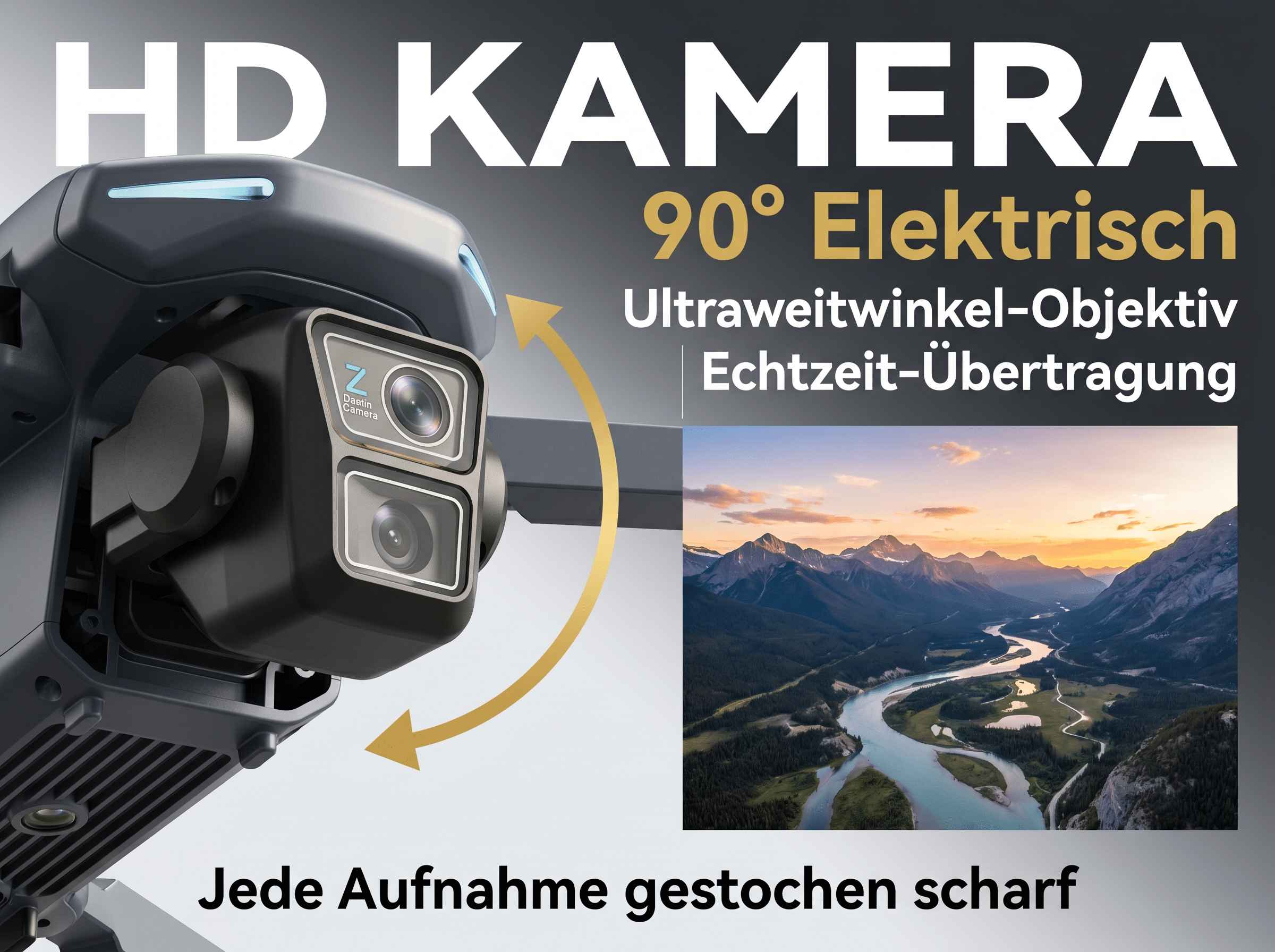 Drohne mit HD-Kamera und Berglandschaft, 90° elektrisch, Ultraweitwinkel.