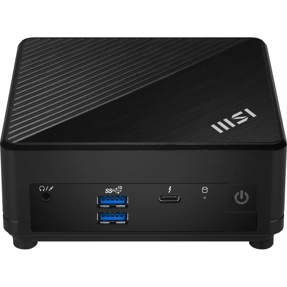 Mini PC negro con tapa cepillada, puertos y logo MSI.