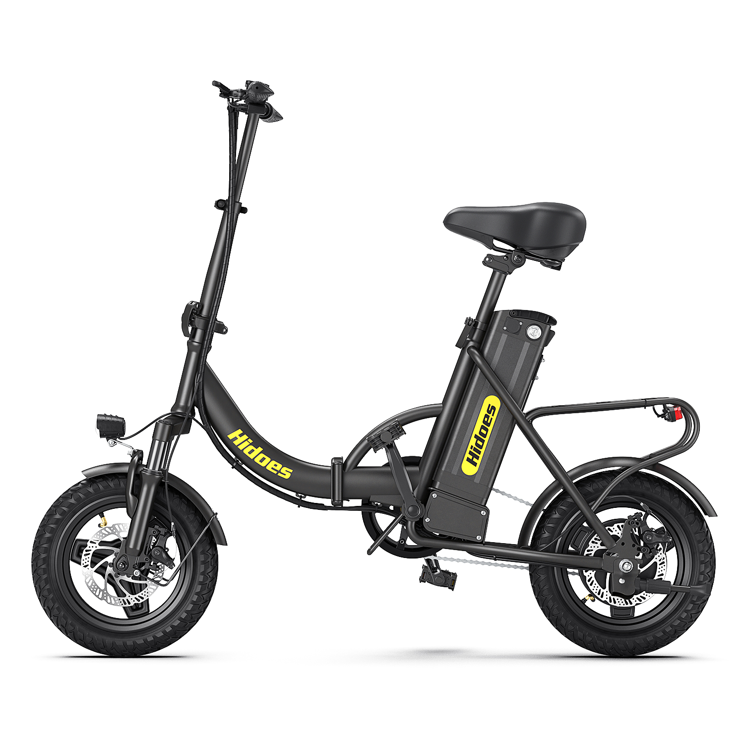 Ein schwarzes faltbares E-Bike mit gelbem Logo und Gepäckträger.