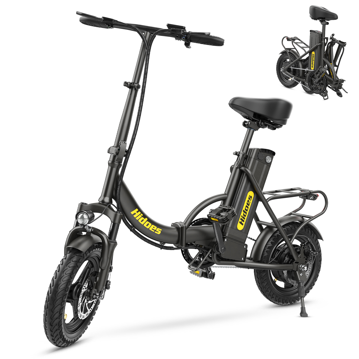 Ein schwarzes faltbares E-Bike von Hidoes mit gelben Akzenten ist abgebildet. Ein zweites kleineres Bild zeigt es gefaltet.