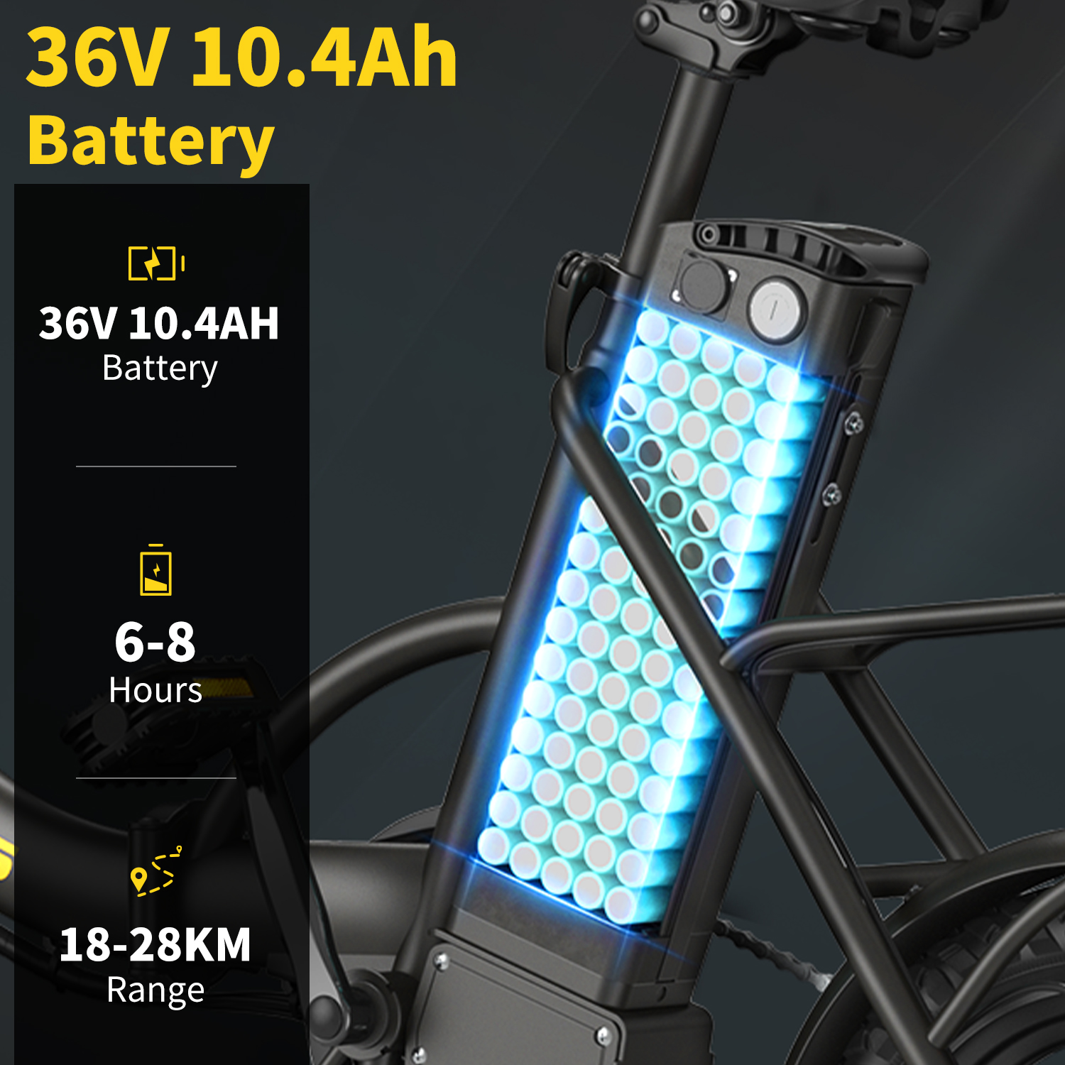 E-Bike Akku mit 36V 10,4Ah, 6-8 Std. Laufzeit, 18-28 km Reichweite.