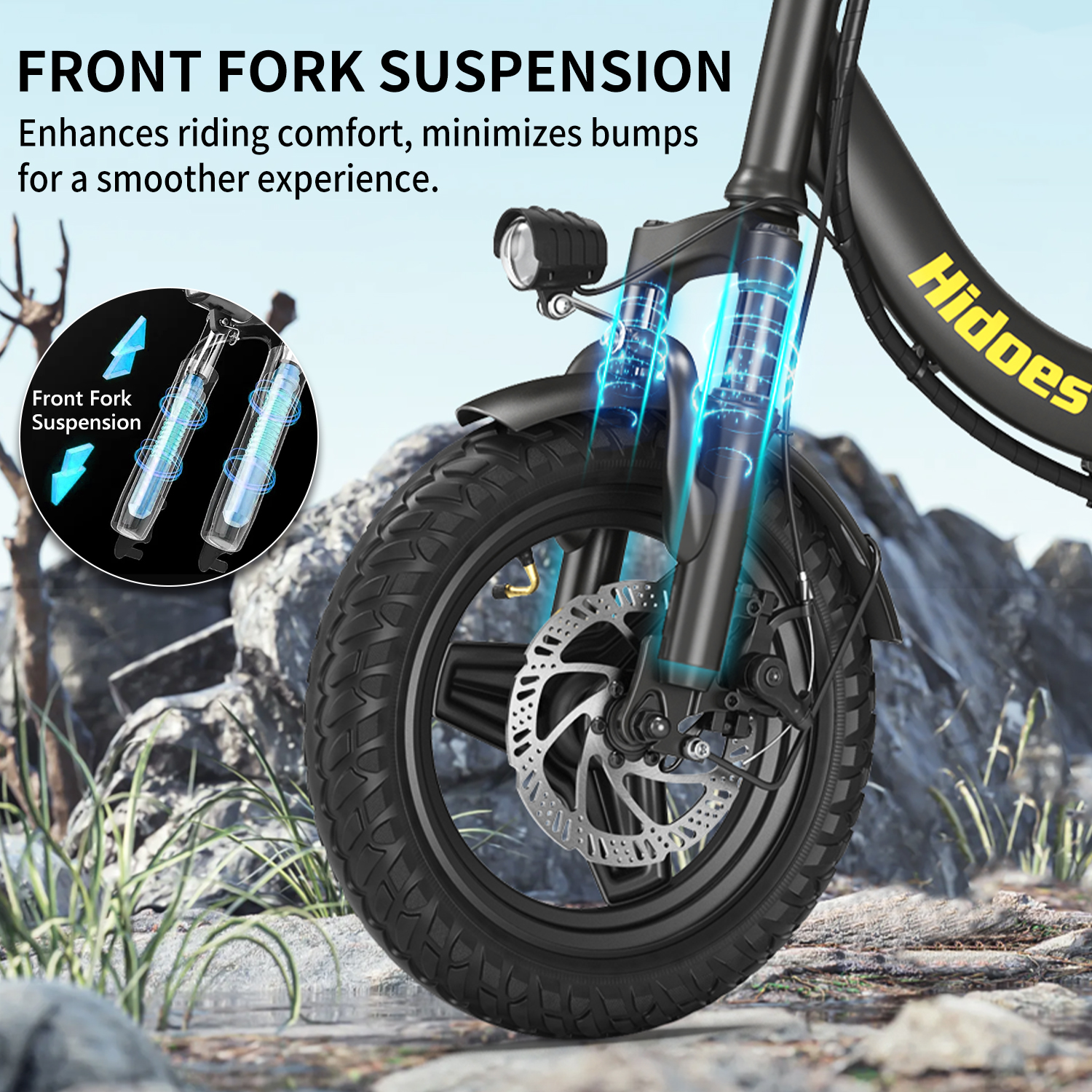 Nahaufnahme der Vorderradaufhängung eines E-Bikes mit Text und Grafiken.
