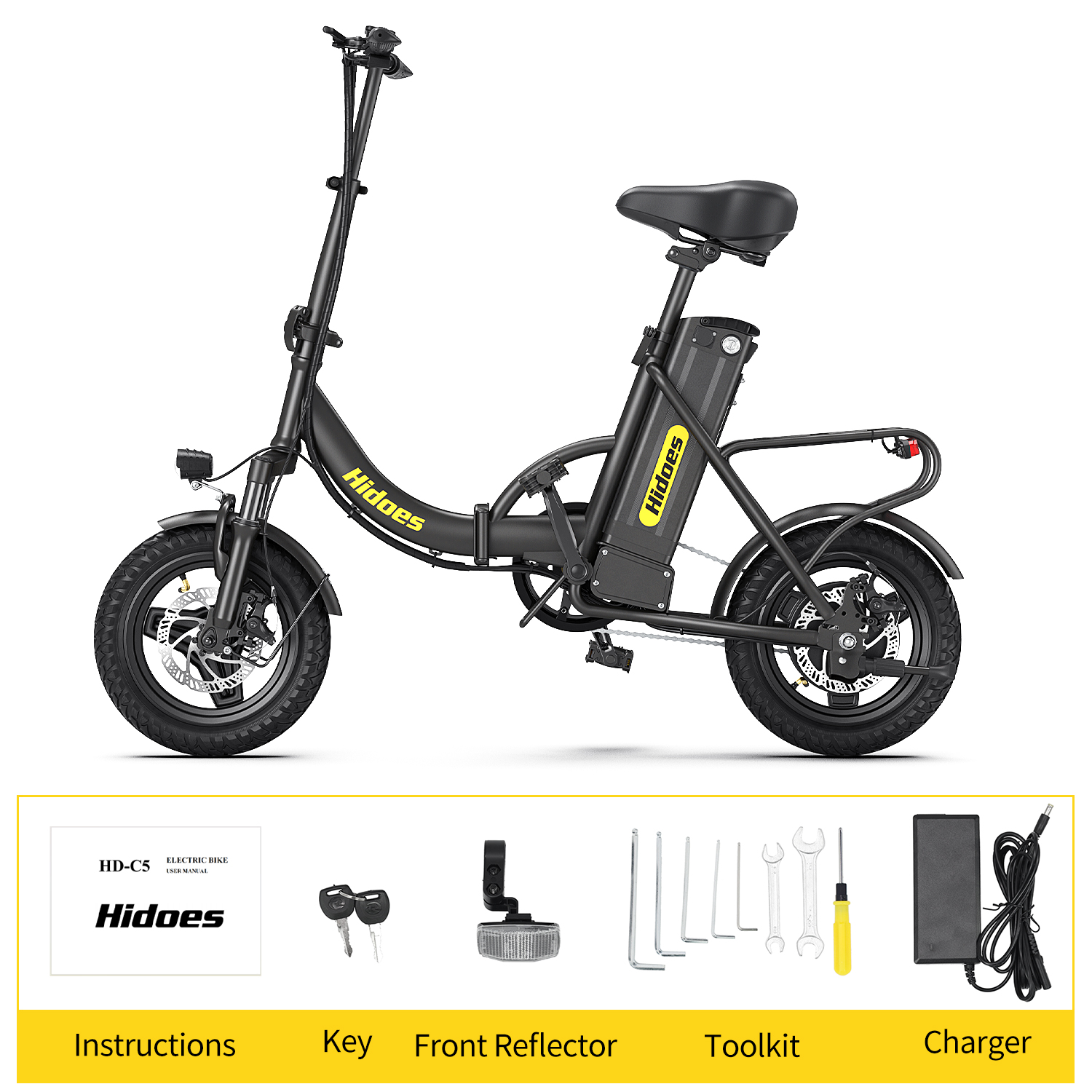 Ein schwarzes faltbares E-Bike mit Akku, Sattel und Werkzeugen.