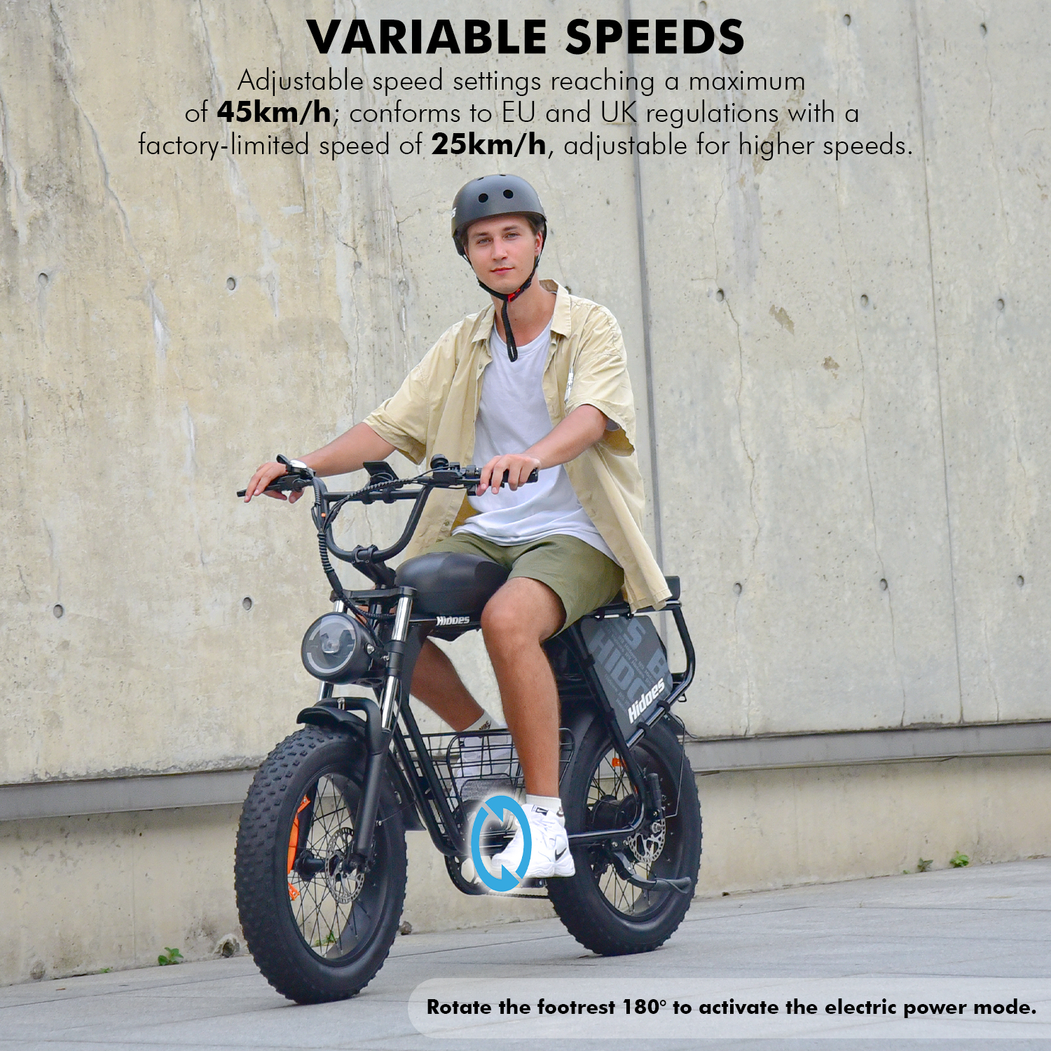 Mann mit Helm auf Elektrofahrrad mit variabler Geschwindigkeit, einstellbar bis 45 km/h.