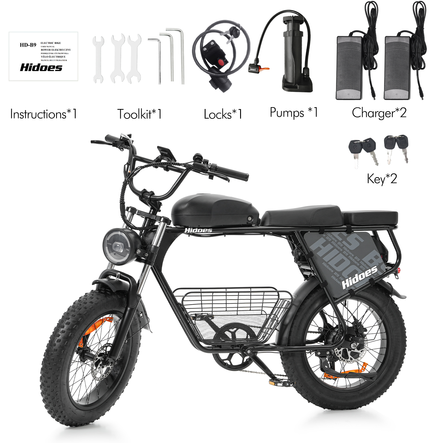 Ein schwarzes E-Bike mit Zubehör: Werkzeug, Pumpe, Ladegerät und Schlüssel.