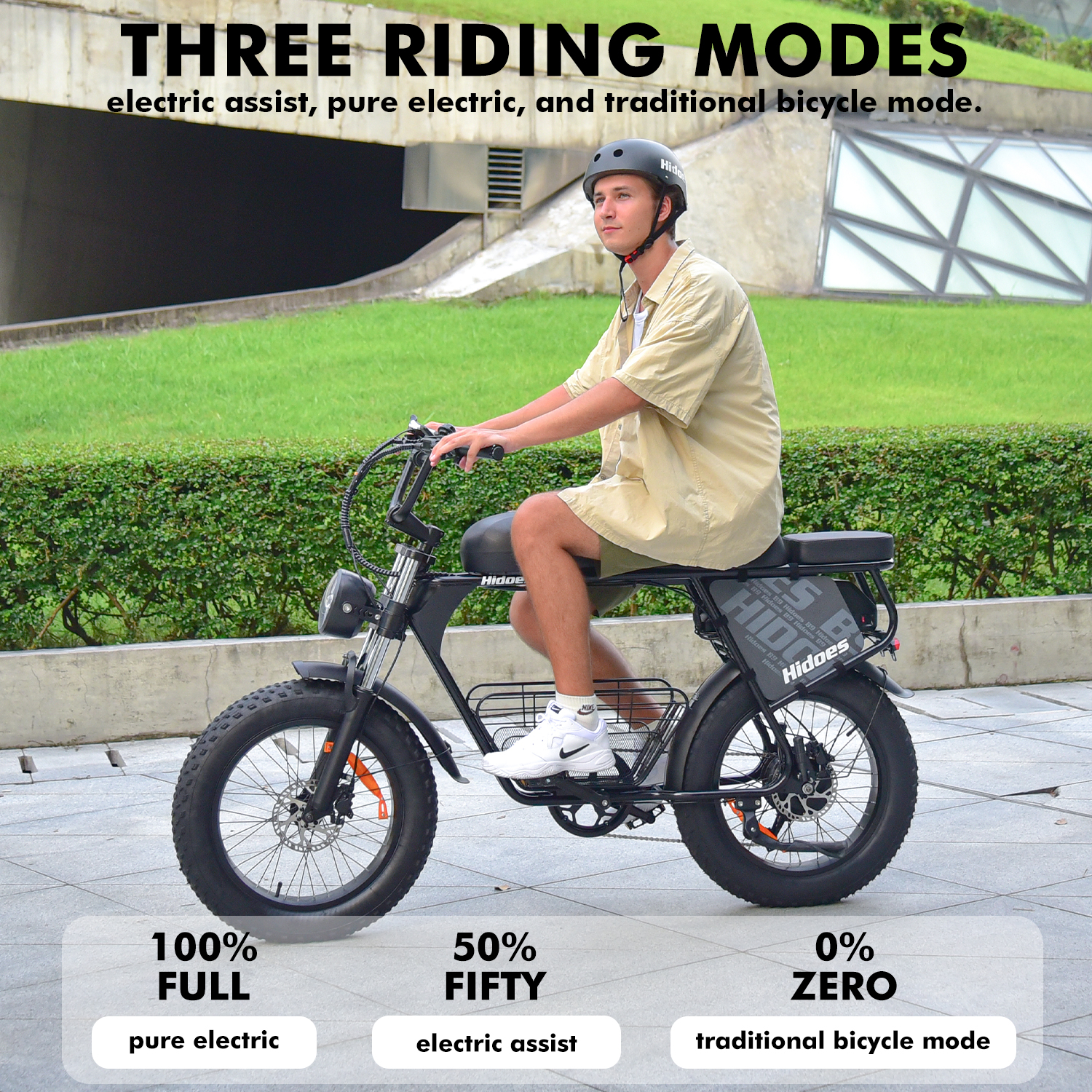 Mann mit Helm fährt schwarzes E-Bike mit Text über drei Fahrmodi.