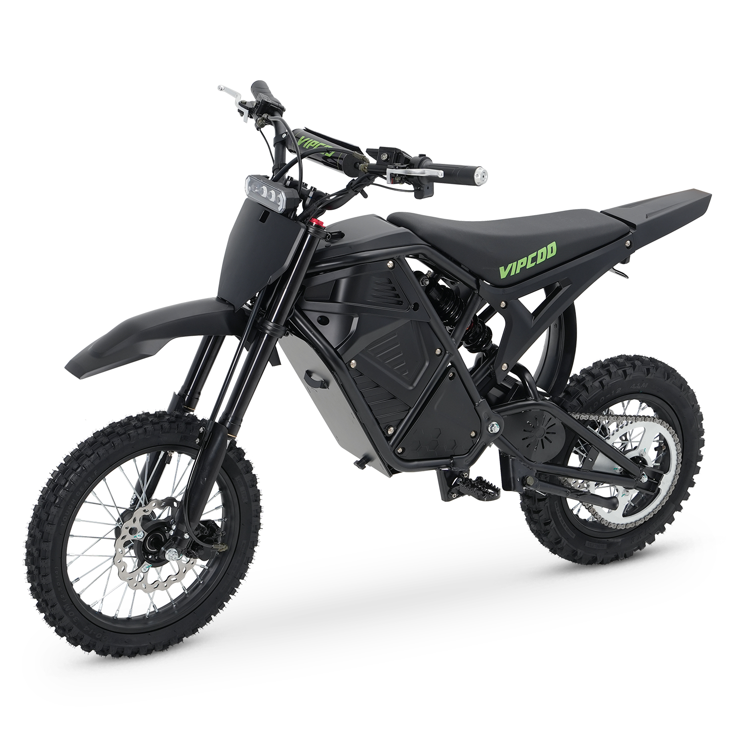 Schwarzes Elektro-Dirtbike mit grünen Akzenten auf weißem Hintergrund.