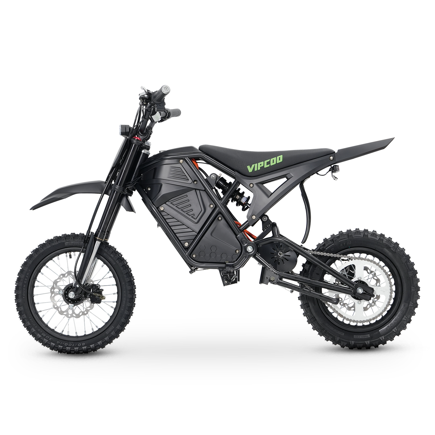 Schwarzes Elektro-Dirtbike mit grobstolligen Reifen, Federung und VIPCOO-Logo auf dem Sitz.