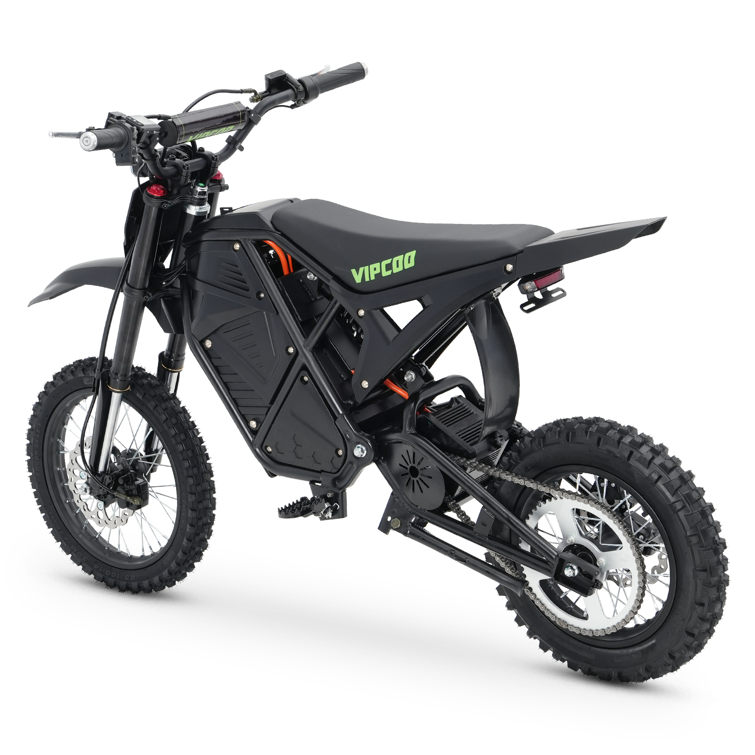 Schwarzes E-Motorrad mit grobstolligen Reifen und grüner Aufschrift auf dem Sitz.